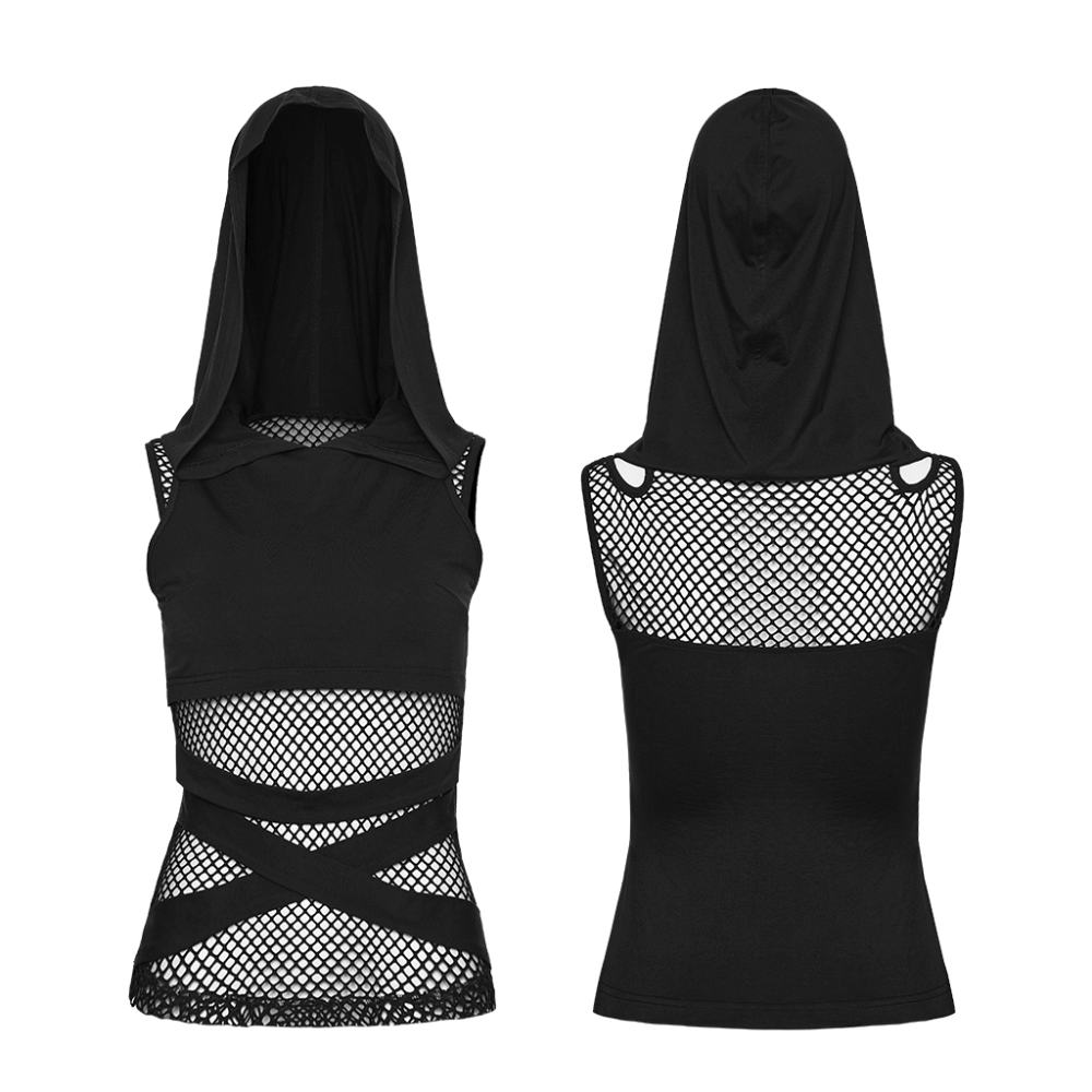 Punk Rave - Nexus Hooded Mesh Mouwloze top - Zwart